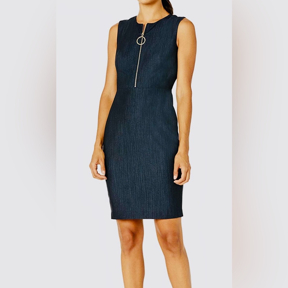 Calvin Klein Sleeveless Sheath Denim Dress with Zipper Front